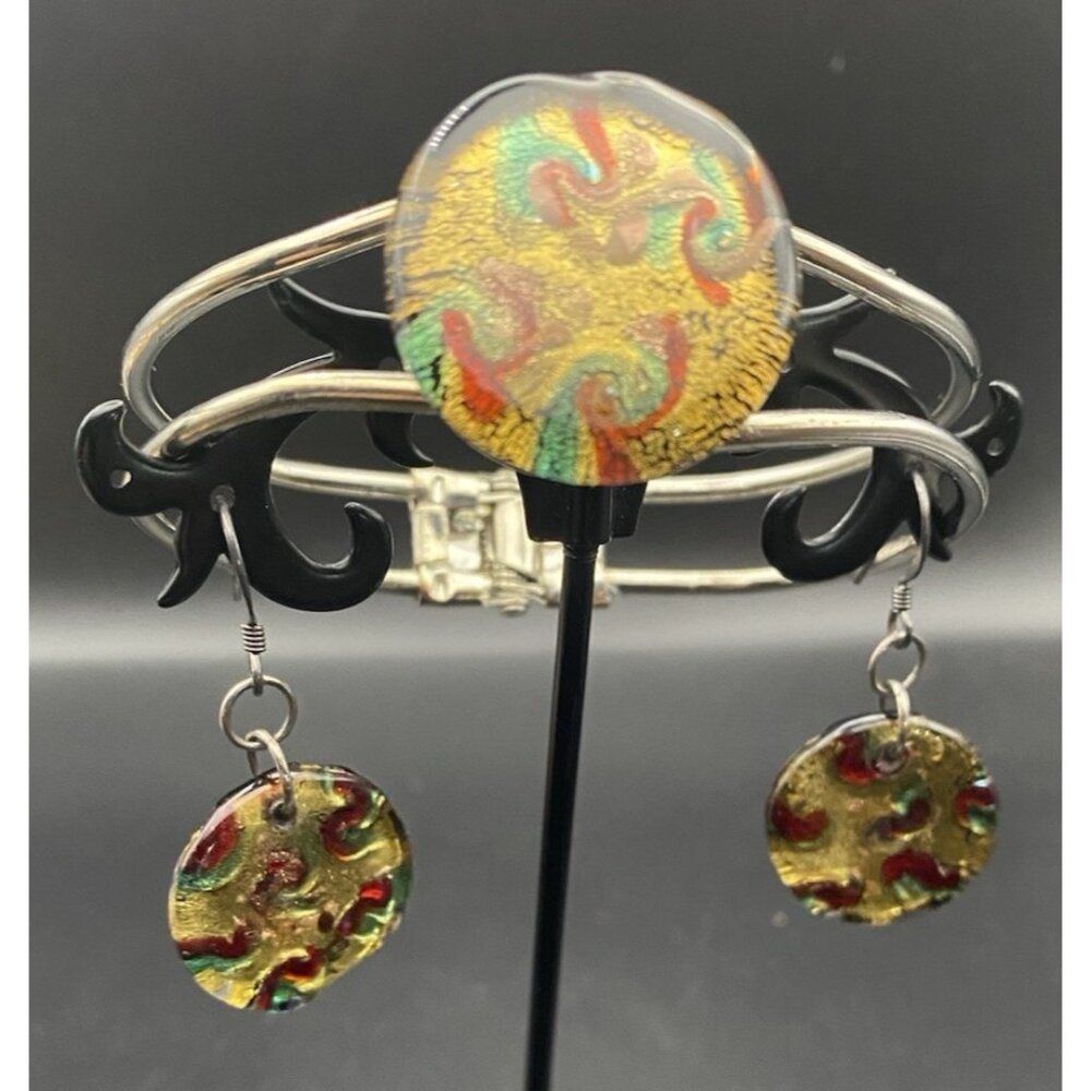 Dichroic Glass Bracelet Earring Set Multicolor Silver 925 Wires Clamper Cuff